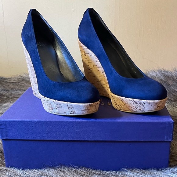 NIB Stuart Weitzman Corkswoon Blue Suede Platform Wedges Size 7 - Picture 2 of 14